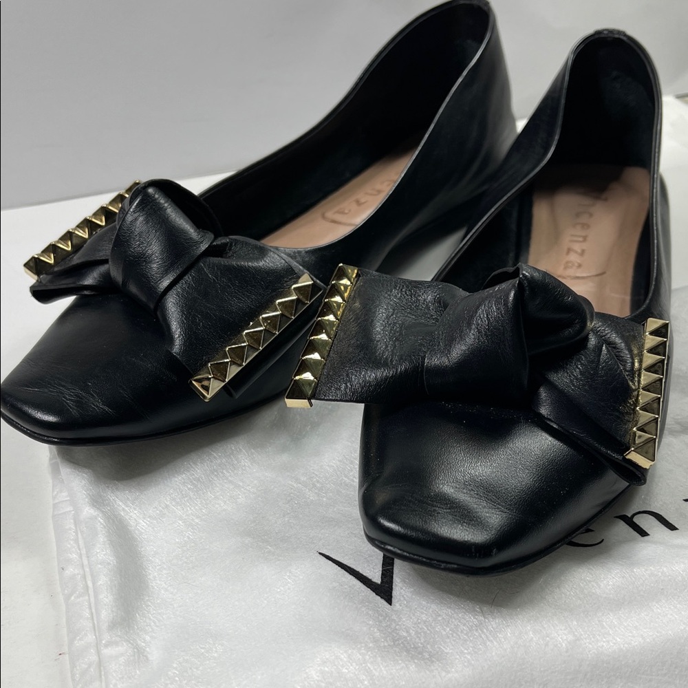Anthropologie Vicenza Black Leather Women's Flats Studded Bow Size 9M EUC - Picture 7 of 13